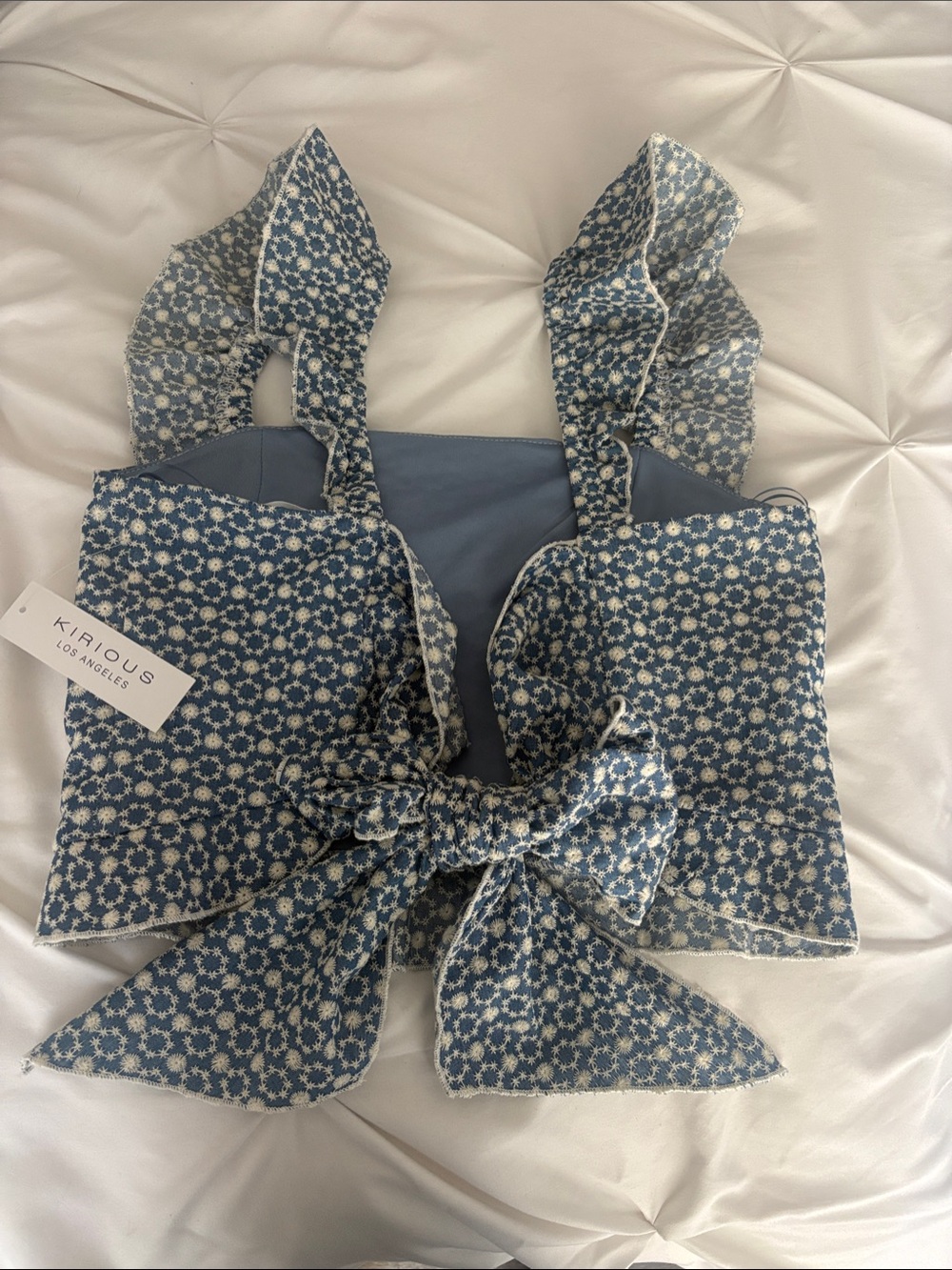 Crop Top Blue Eyelet Floral with Tie Bow Back size -M NWT